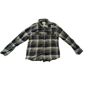 St Johns Bay Madras Flannel Casual Button Up Shirt Mens Size L White Blue Beige